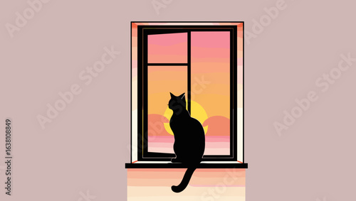 Silhouette of a cat sitting on a windowsill at sunset with warm colors
