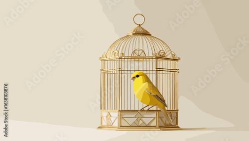 Yellow canary bird sitting inside a golden cage on a light background