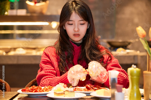 Фотография A cute girl enjoying a hearty meal at the hotel buffet.