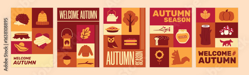 Set Autumn Geometric Poster with Seasonal Elements. Perfect for seasonal decoration, greeting cards, and social media templates.