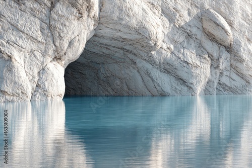 Cave opening into a tranquil blue lake
