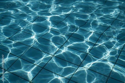 Sunlit blue pool tiles with dancing water ripples—clean, abstract background for summer, spa, and resort design needs.