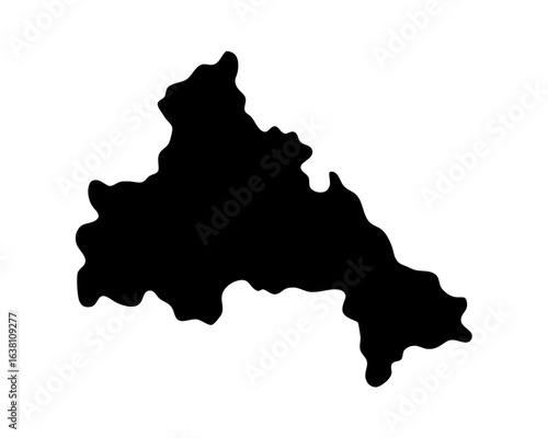 Silhouette of a detailed and jagged landmass against a white backdrop