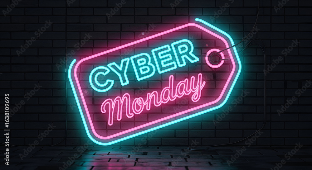 Obraz premium Neon sign advertising Cyber Monday sale against a dark brick wall.