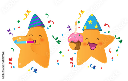 Stars characters set. Kawaii stars. Birthday celebration. Cake with candles. Cartoon star. Happy birthday card, poster or invitation. 