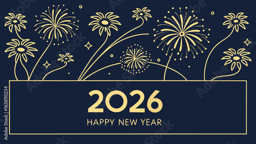 Elegant 2026 happy new year celebration with golden fireworks and floral decorations on a dark blue background, perfect for festive greeting cards and party invitations