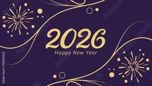 Stylish 2026 new year banner featuring golden text, decorative swirls, and fireworks on a purple background, perfect for festive celebrations and holiday events