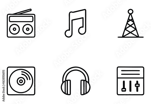 Collection of music and broadcast icons isolated on a white background
