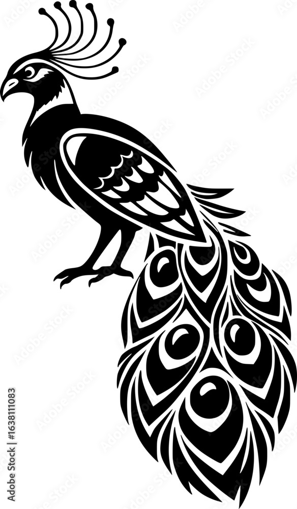 Fototapeta premium Peacock bird black vector illustration transparent logo icon