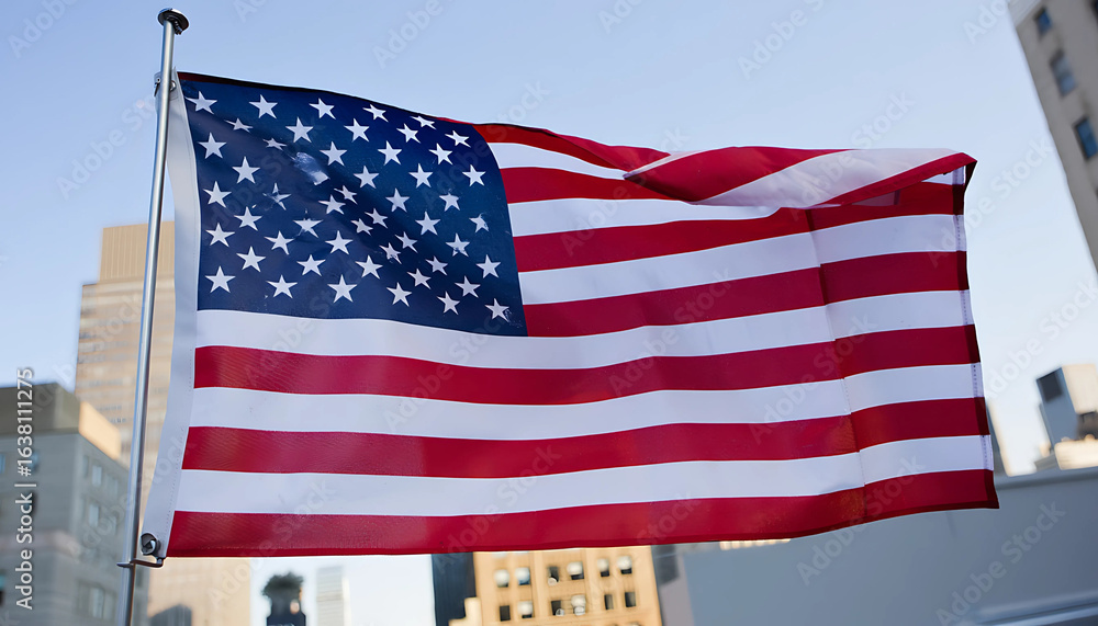 Fototapeta premium American flag waving on a pole outside a building showing stars and stripes in the wind against a clear sky