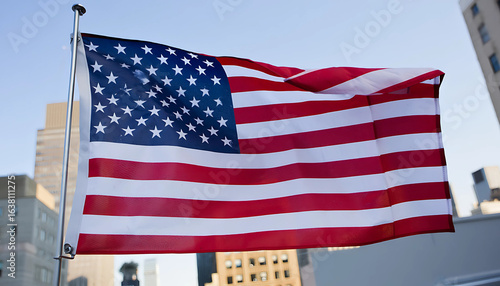 American flag waving on a pole outside a building showing stars and stripes in the wind against a clear sky
