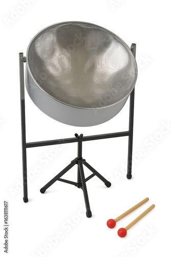 Steel pan with mallets standing on transparent background