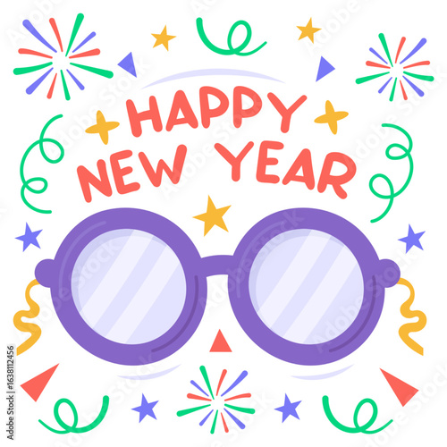 The image is a festive illustration celebrating New Year's Day, featuring the text "HAPPY NEW YEAR" alongside elements like fireworks, confetti, and novelty glasses