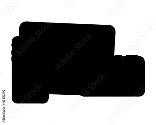 Black silhouette of a digital camera with a rotating screen attached