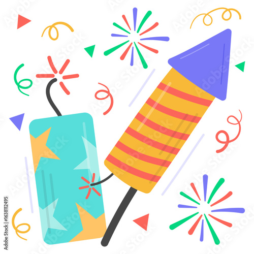 a cartoon-style illustration of a firecracker and a rocket firework, surrounded by confetti and stylized starbursts, commonly associated with celebrations