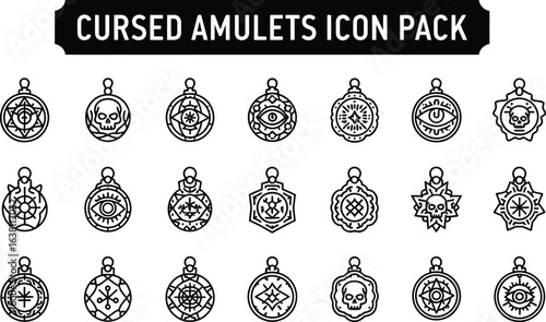 Illustration of cursed amulets icon pack with various occult symbols