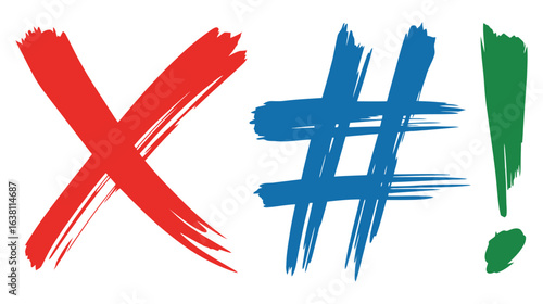 set of brush painted icons and symbols, exclamation, cross and hashtag ,transparent png and vector illustration.
