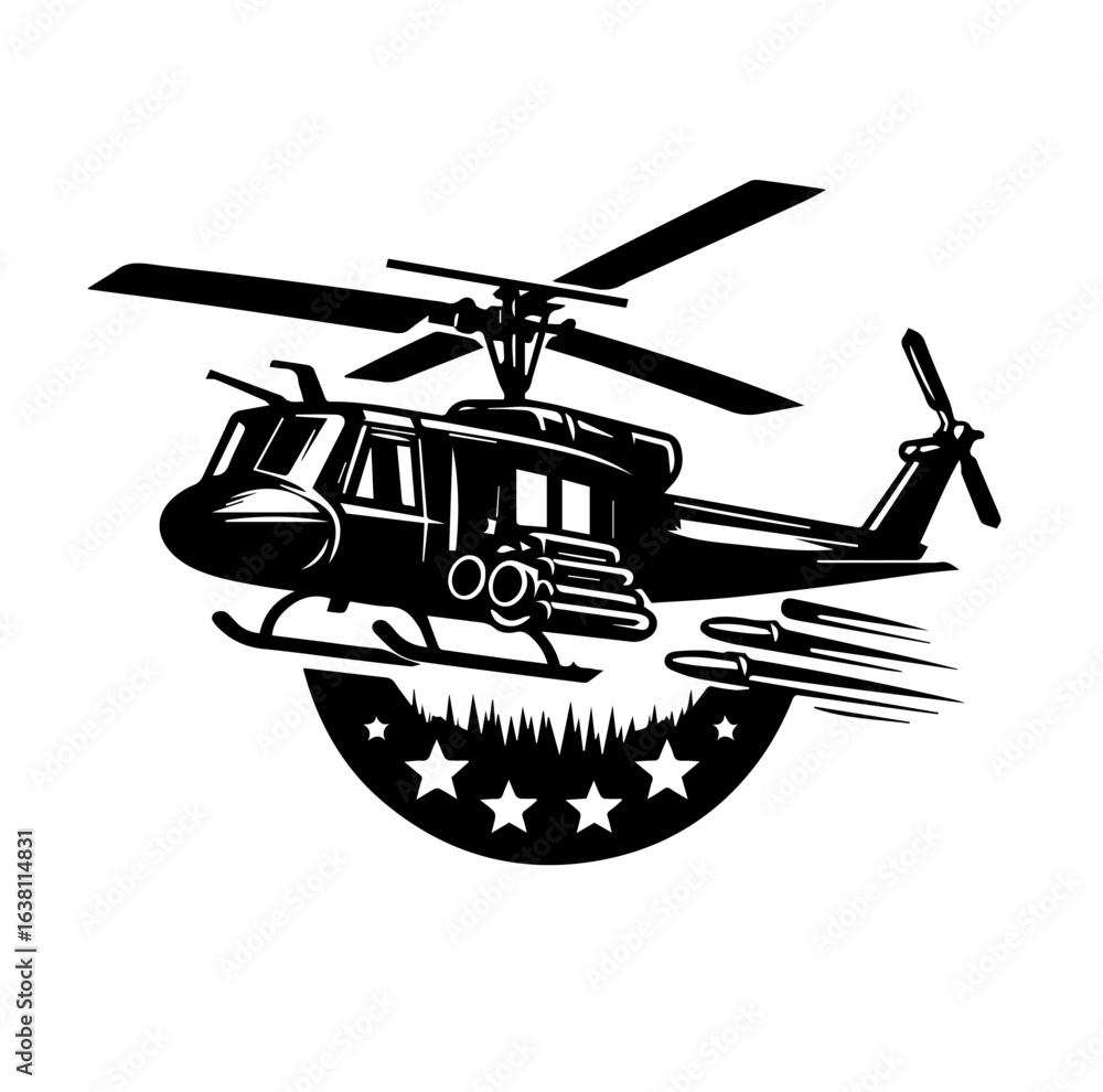Obraz premium A stylized black and white graphic of a military helicopter in flight, with a circular emblem of stars.