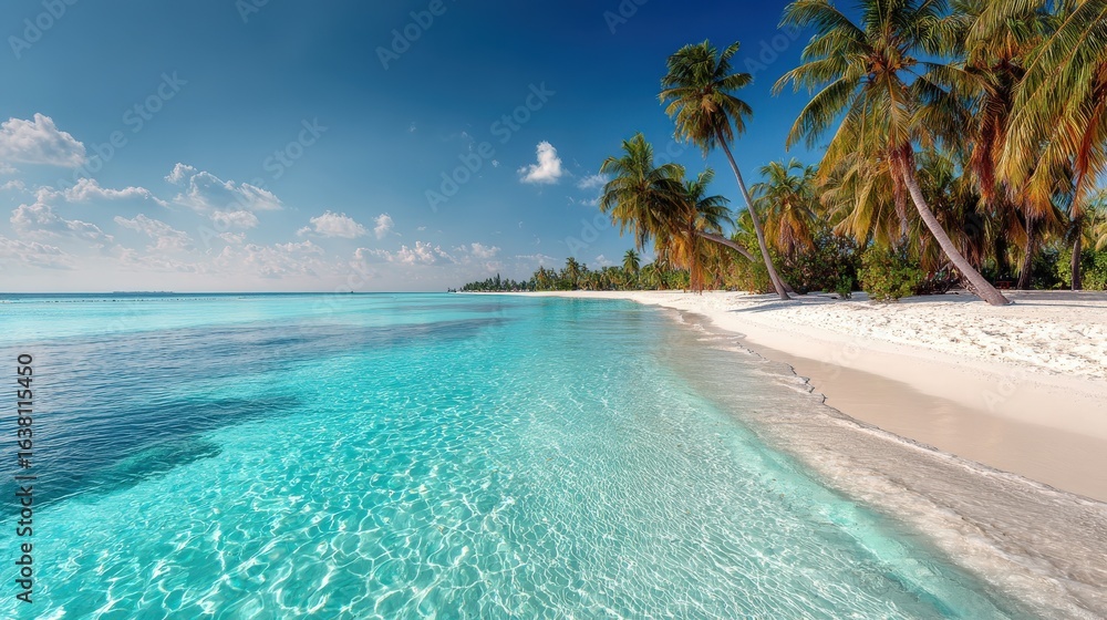 Fototapeta premium Crystal-clear turquoise waters with palm trees on a white sandy beach, isolated on a white background
