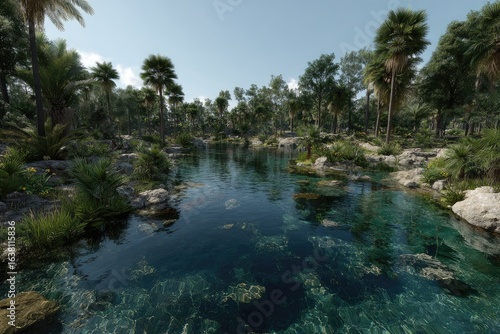 Serene tropical oasis with crystal-clear pool