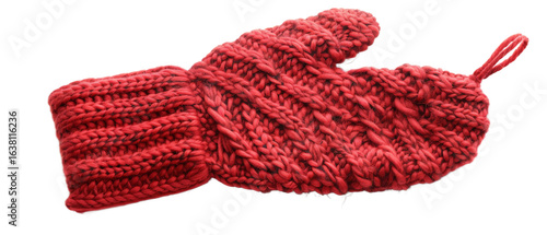 A vibrant red knitted oven mitt displayed against a white background, showcasing its intricate texture and design, ideal for kitchen use and culinary activities