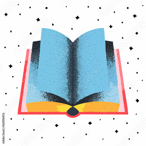 Opened book, collage element with vintage stipple photocopy effect, with retro grainy texture. Vector illustration for grunge psychedelic surreal poster
