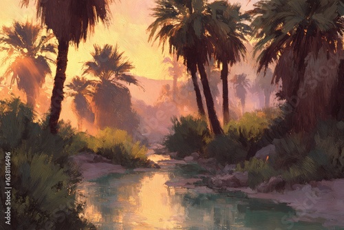 Palm oasis at golden sunrise. Tranquil desert stream