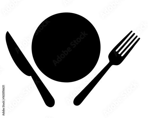 Simple flat black and white plate setting with knife and fork icon