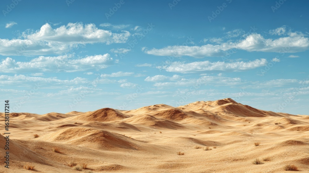 Desert Landscapes: Expansive desert landscapes with rolling sand dunes and clear blue skies, isolated on a white background Desert Landscapes: Expansive desert landscapes with rolling sand dunes and clear blue skies, isolated on a white background