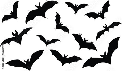 Bat flight silhouette set, flying bat positions, wing spread vector, black bat clipart, Halloween motion graphic, nocturnal wildlife design