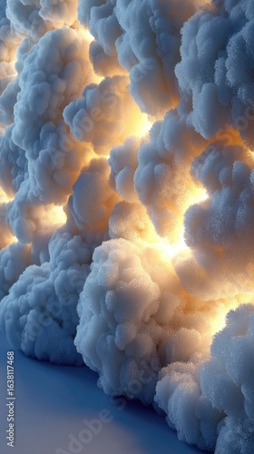 Abstract White and Blue Ice Crystal Texture with Soft Orange Glow