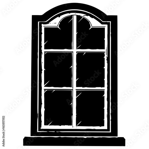 Illustration of a black and white window with six panes and an arched top section in a solid frame design