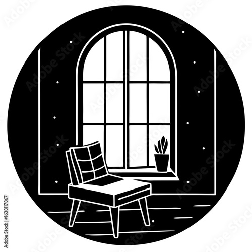 A cozy interior scene featuring a chair by a window with a plant in a circular black and white design
