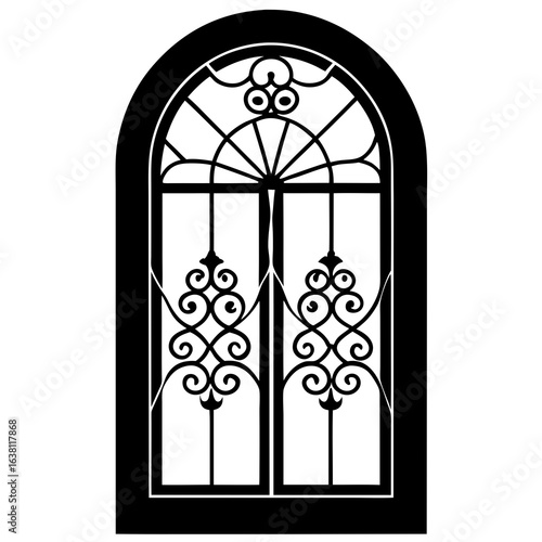 Arched window with intricate wrought iron design featuring scrolls and radial pattern in black and white style