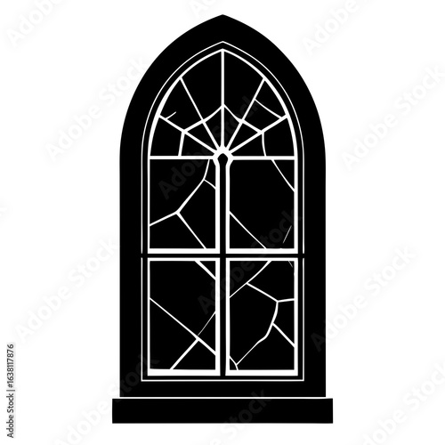 Illustration of a gothic style arched window with broken glass panes in a black and white color scheme