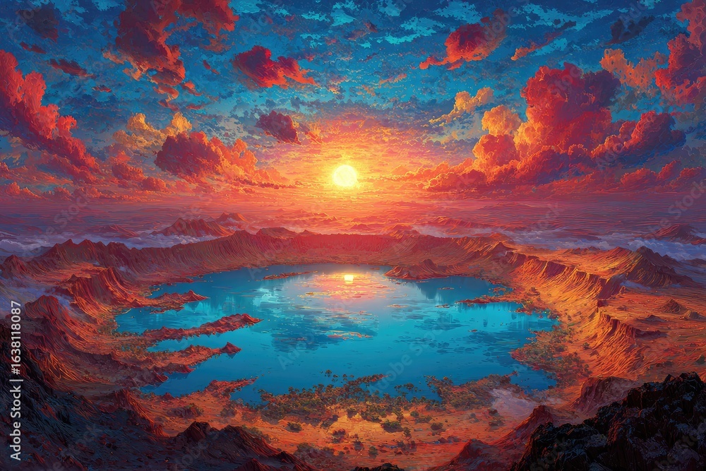 Fototapeta premium Vast, vibrant sunset over a caldera lake