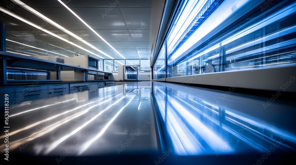 Modern laboratory interior with reflective floor and vibrant lighting. Modern laboratory interior with reflective floor and vibrant lighting.