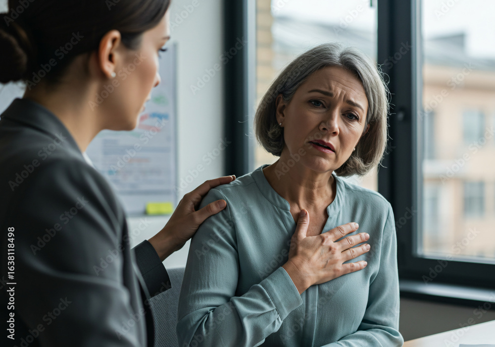 Obraz premium Woman Experiencing Mild Chest Pain at Workplace