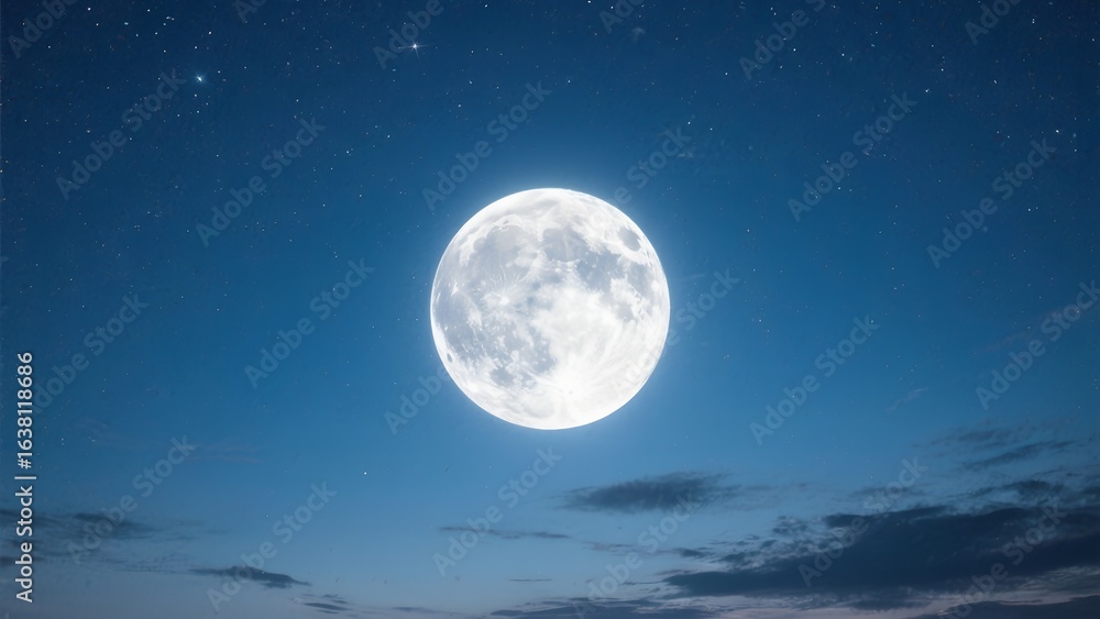 Fototapeta premium a bright moon dominates the night sky, surrounded by stars and a few wispy clouds
