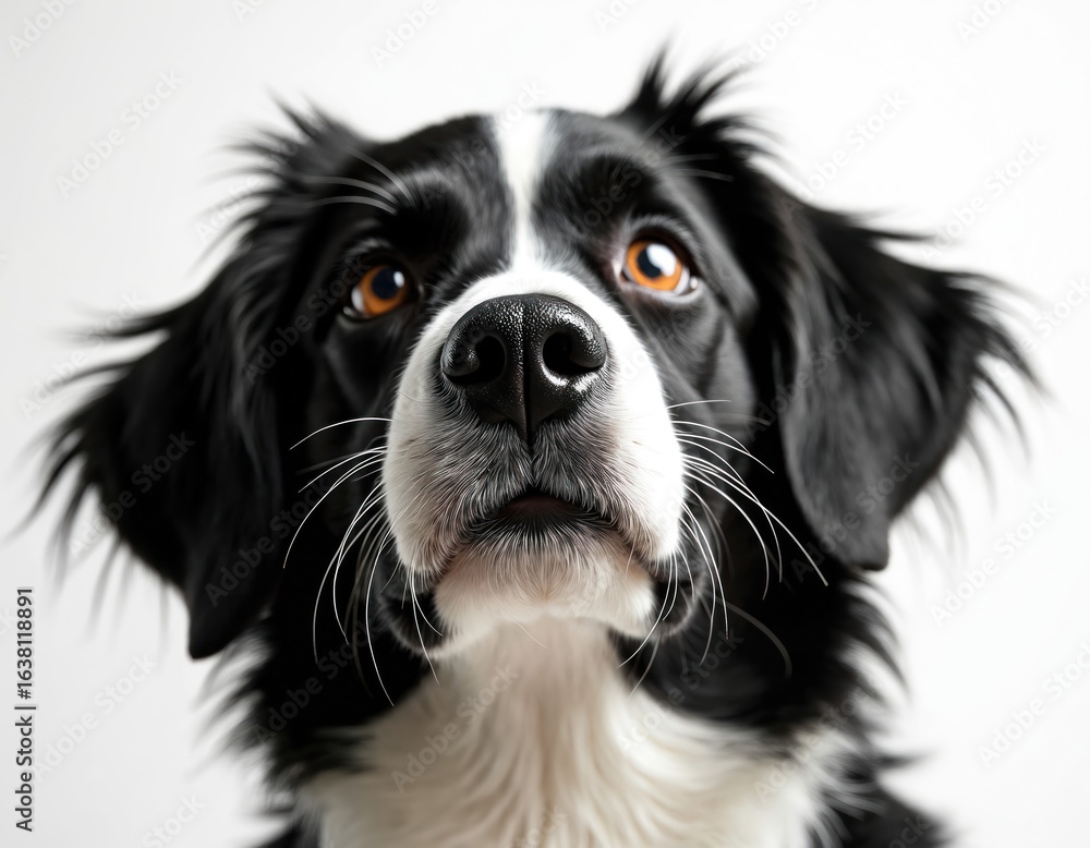 Fototapeta premium Close-up portrait of black, white dog with bright eyes looking upward. Dog exhibits curious, attentive expression, with detailed focus on nose, fur. Studio shot against clean background highlights