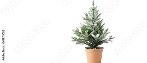A vibrant green potted artificial Christmas tree stands alone, showcasing its lush branches, with a clean background ideal for holiday decoration themes or festive imagery