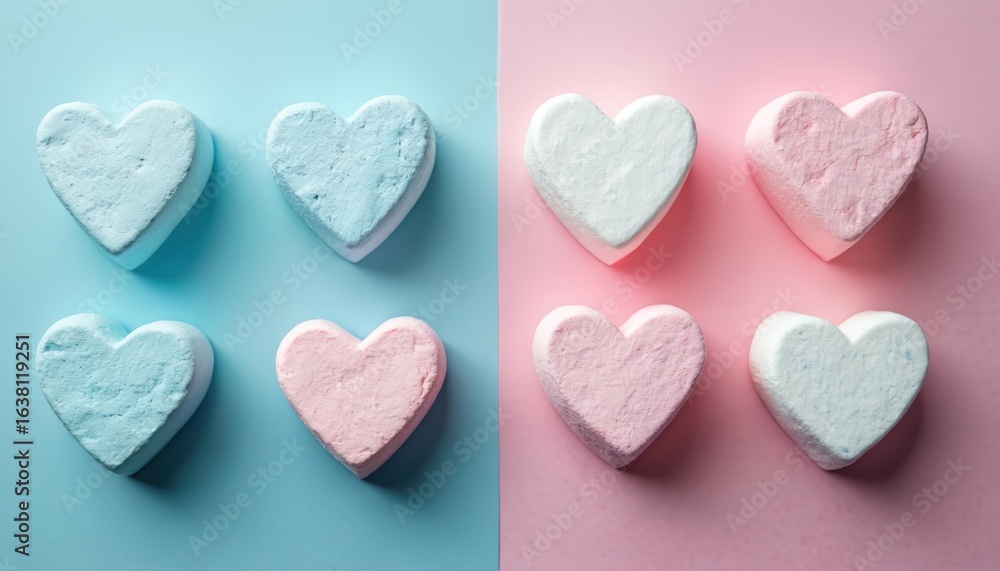 Fototapeta premium Six heart-shaped marshmallows in pastel blue, pink, white colors arranged on matching backgrounds. Sweet confectionery treats offer soft, fluffy, airy texture perfect for Valentine Day, celebrations,