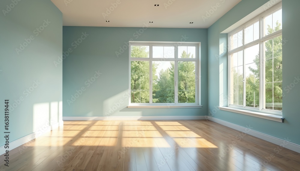 Obraz premium Minimalist room with large windows, hardwood floor. Bright, airy space with natural light streaming in, creating serene atmosphere. Clean, elegant interior design emphasizes simplicity, tranquility.
