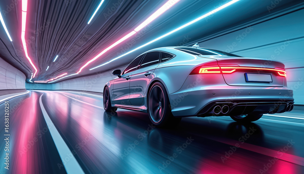 Fototapeta premium Sleek silver car speeds through neon-lit tunnel. Motion blur accentuates dynamic movement on road. Futuristic automotive design, technology, luxury combine for stylish, powerful driving experience.