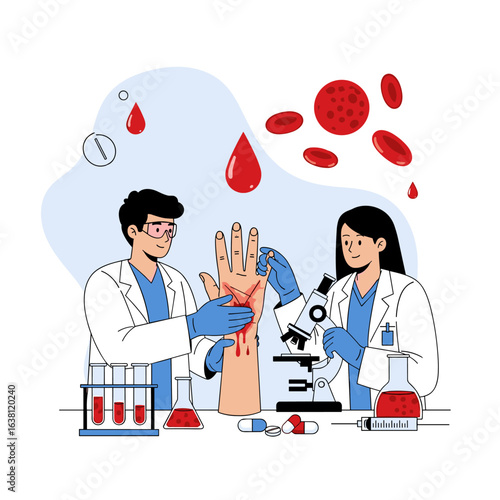 Medical research scientists examining blood samples under microscope and analyzing patient arm with lab equipment and red blood cells illustration
