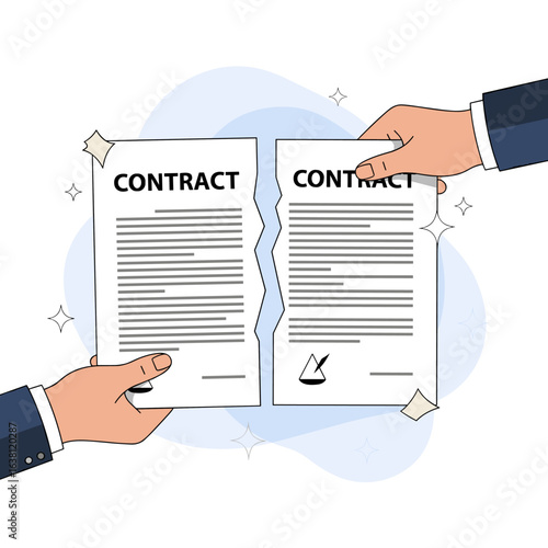 Illustrating the concept of breaking apart legal documents symbolizing the termination of agreements and business partnerships ending abruptly due to disagreements