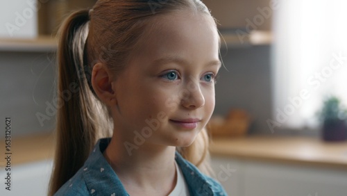 Free Download Closeup portrait at home kitchen Caucasian little girl at home happy positive smiling looking in front in domestic apartment joyful headshot kid daughter indoors child smile adopted pediatric concept - GFXLoad