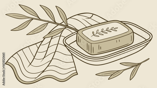 Illustration of organic soap bar with olive branch design on soap dish and towel for hygiene products