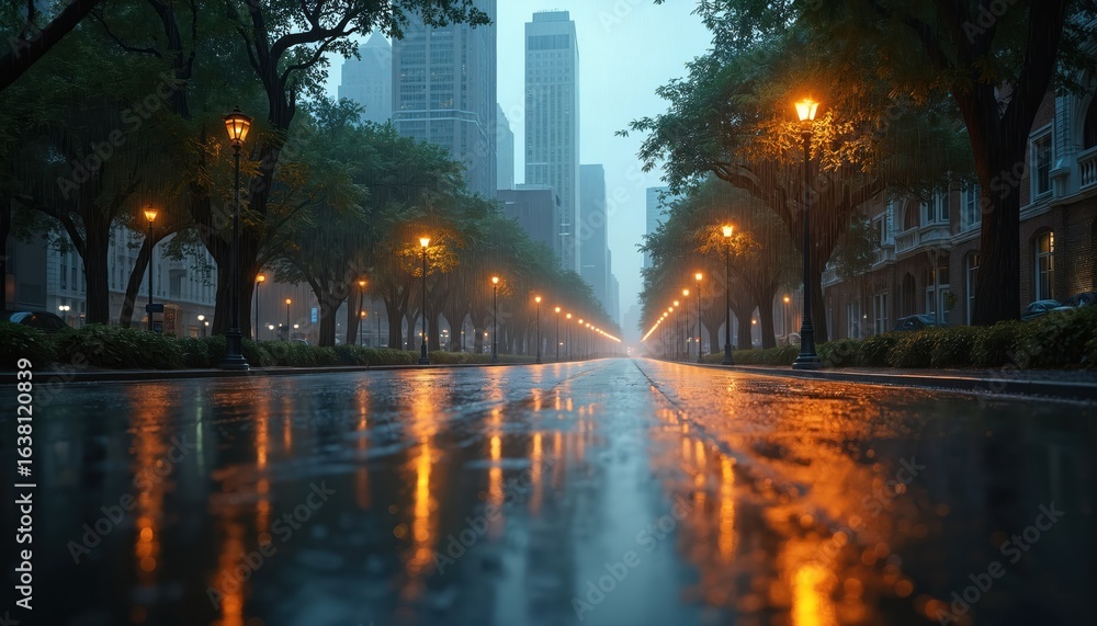 Naklejka premium Urban street scene with wet asphalt reflecting glowing streetlights during rain shower. Tall buildings, trees line wet road, creating dramatic, atmospheric mood. Wet pavement shows clear reflections