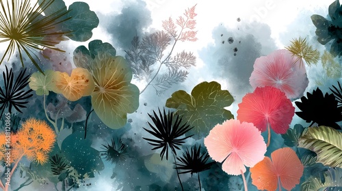 A visually stunning display of colorful tropical inspired floral blooms set against a natural verdant backdrop